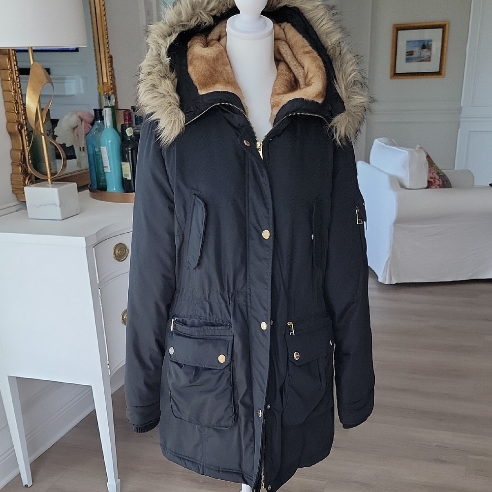 Bebe Black Puffer Coat with Faux Fur Trim
